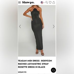 SHOWPO TEAGAN MIDI DRESS BODYCON RUCHED ASYMMETRIC STRAP ROSETTE DRESS IN BLACK